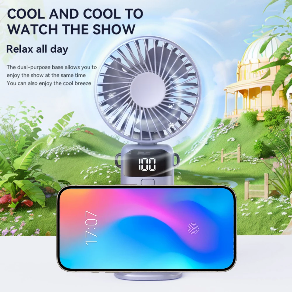 Foldable Handheld Mini Fan Portable LED Digital Display 5 Speed USB Rechargeable Fan with Phone Stand Adjustable Angle Desk Fan - Image 6