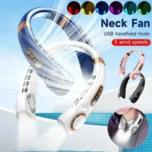 RUSH! New Portable Bladeless Hanging Neck Fan, LED Digital Power Supply, Ice Ceramic Induction Cooling, Colorful Atmosphere Light